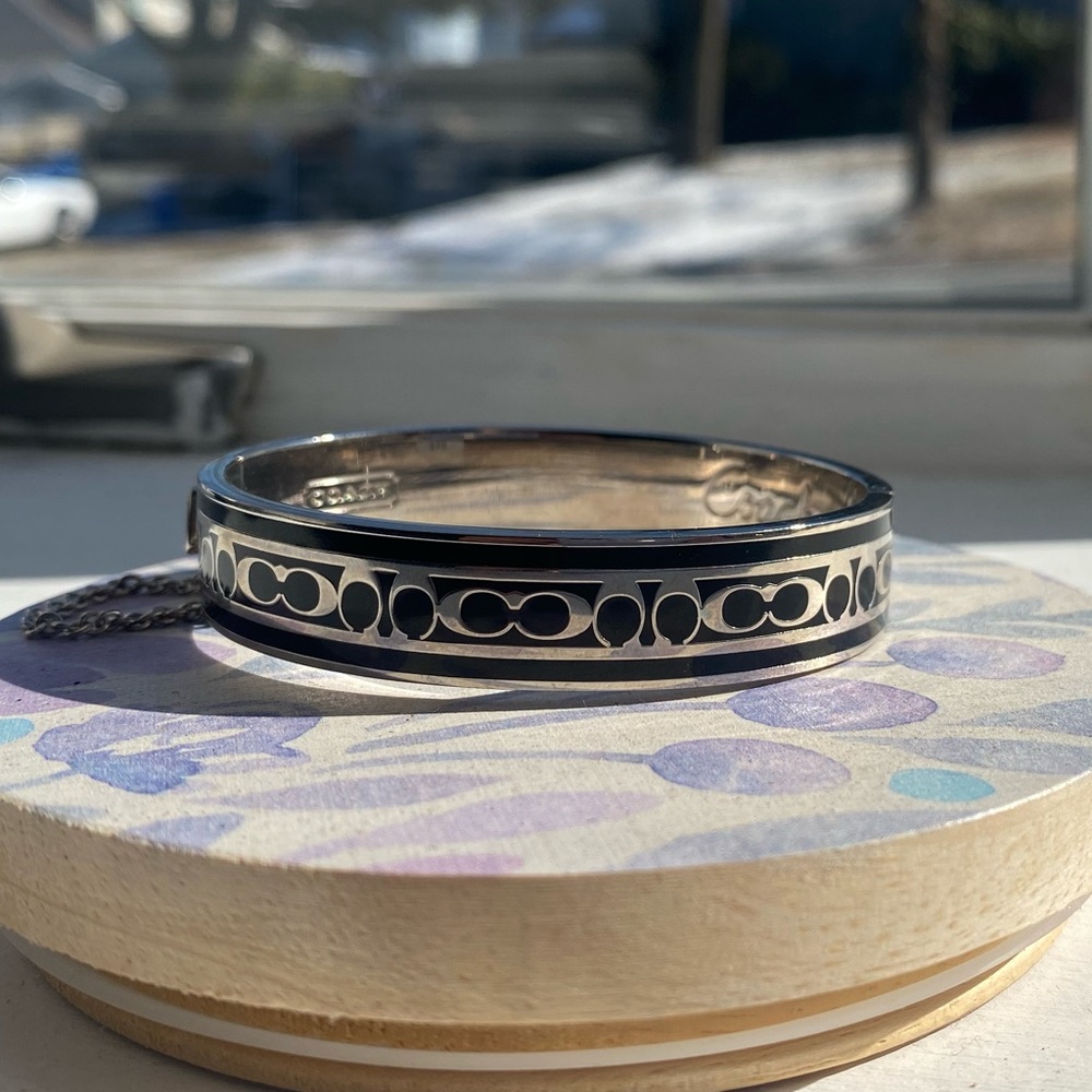 Coach Silver and Black Signature Bracelet with Snap Closure